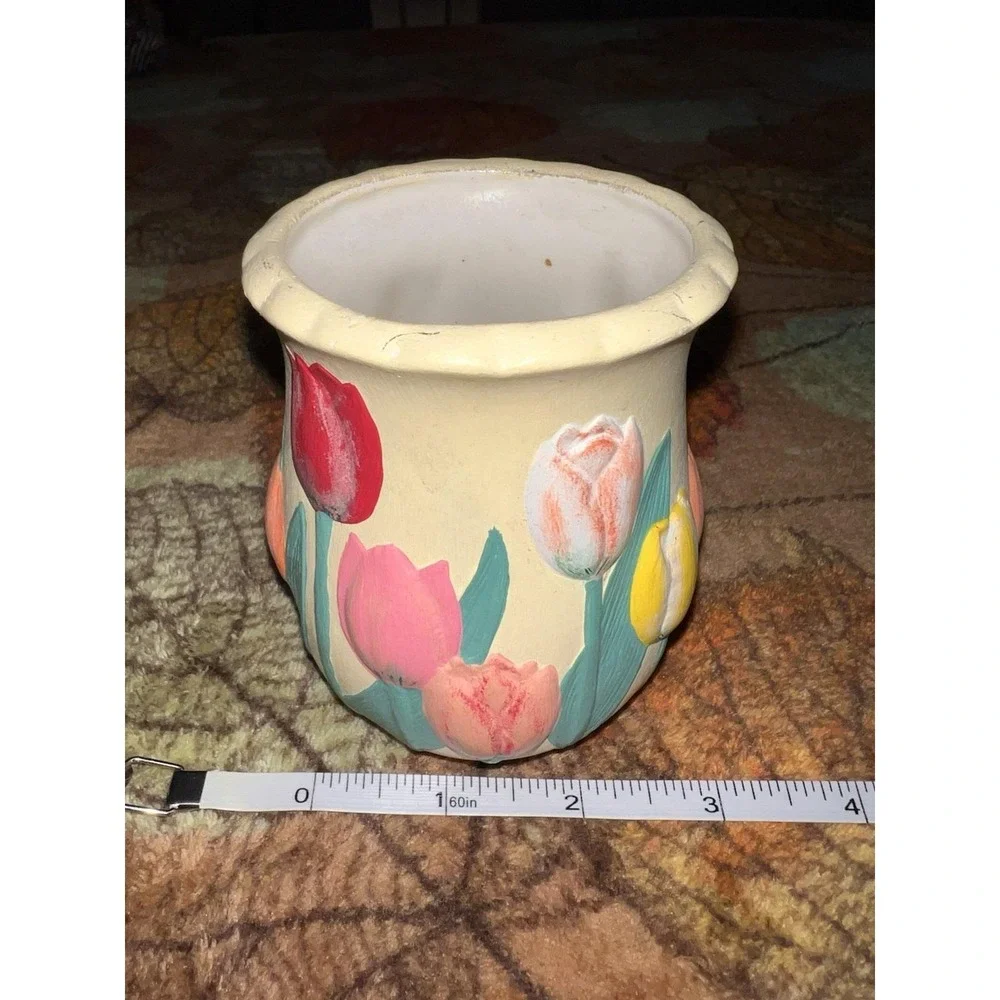 Vintage 1987 Hand-Painted Ceramic Tulip Vase Planter‎ Cottagecore Decor